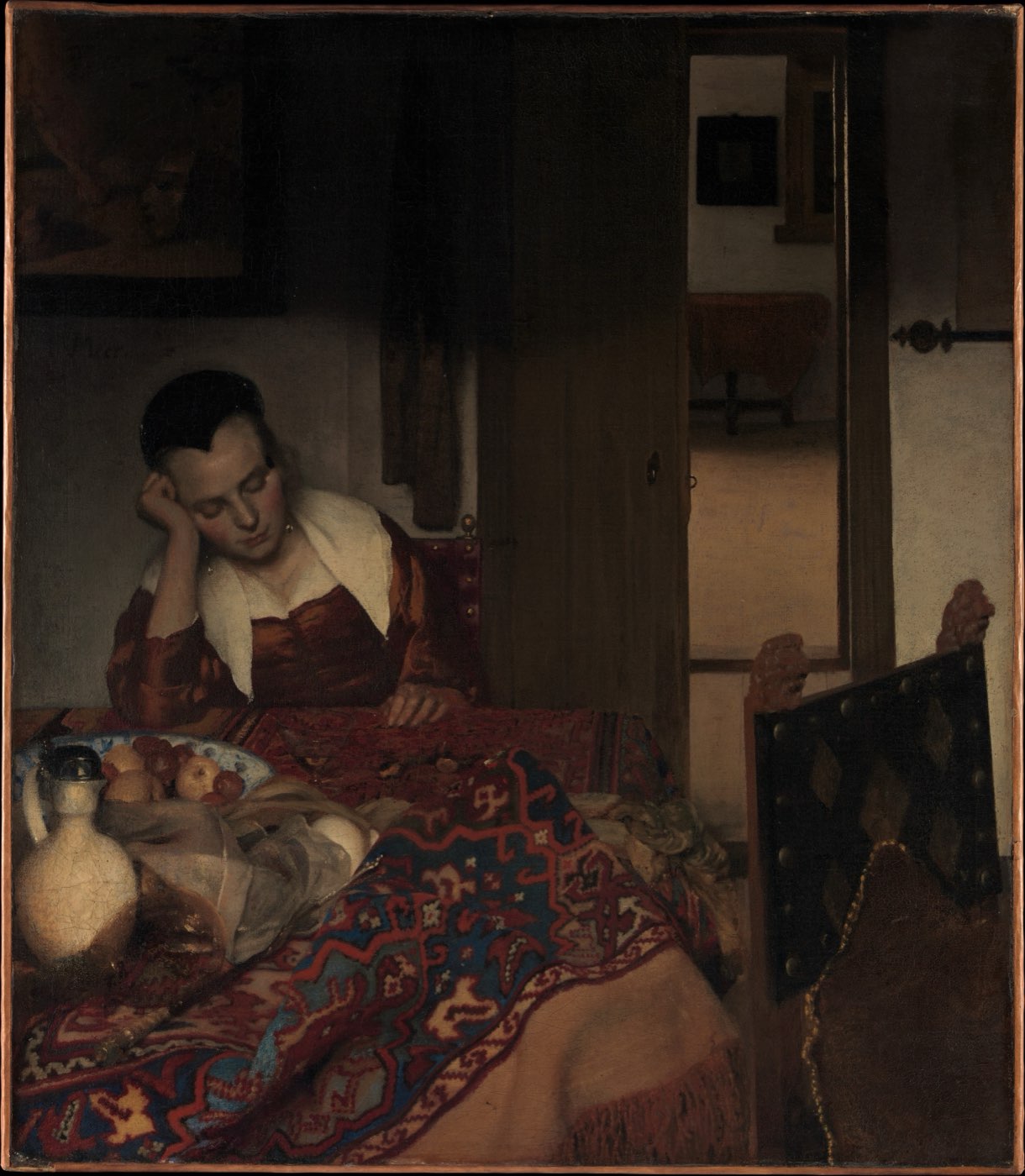 Johannes Vermeer, A Maid Asleep — a young woman resting her head on her hand at a table