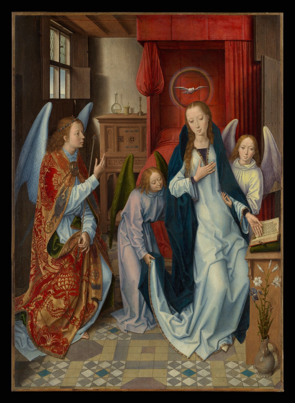 Hans Memling, The Annunciation — the angel Gabriel appearing to Mary in a quiet chamber