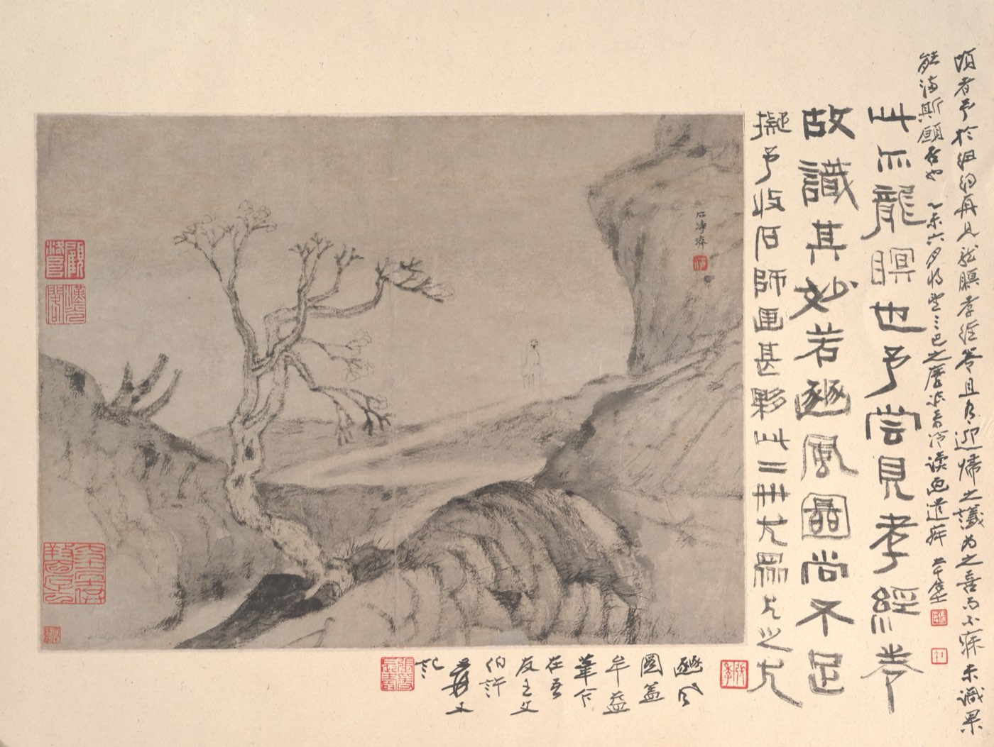 Shitao, Landscape with solitary figure — a lone figure at rest in a vast ink landscape
