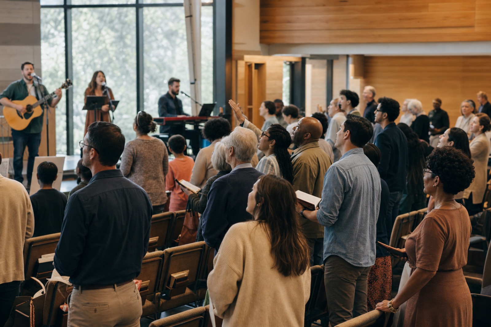 A choir singing together in warm light, hymnbooks open