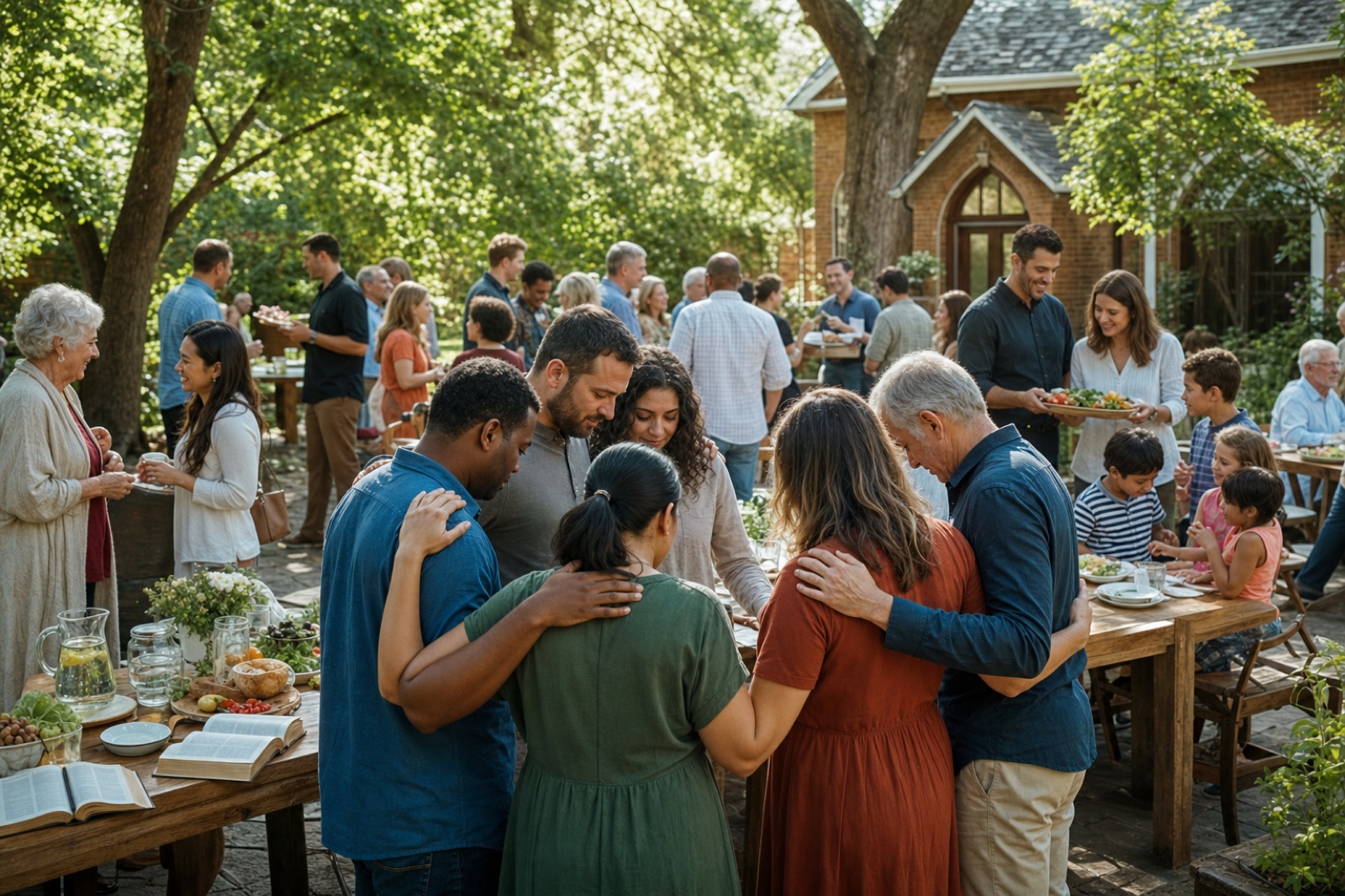 A congregation gathered outside a brick church after a meal, a circle of friends praying together with hands on each other's shoulders