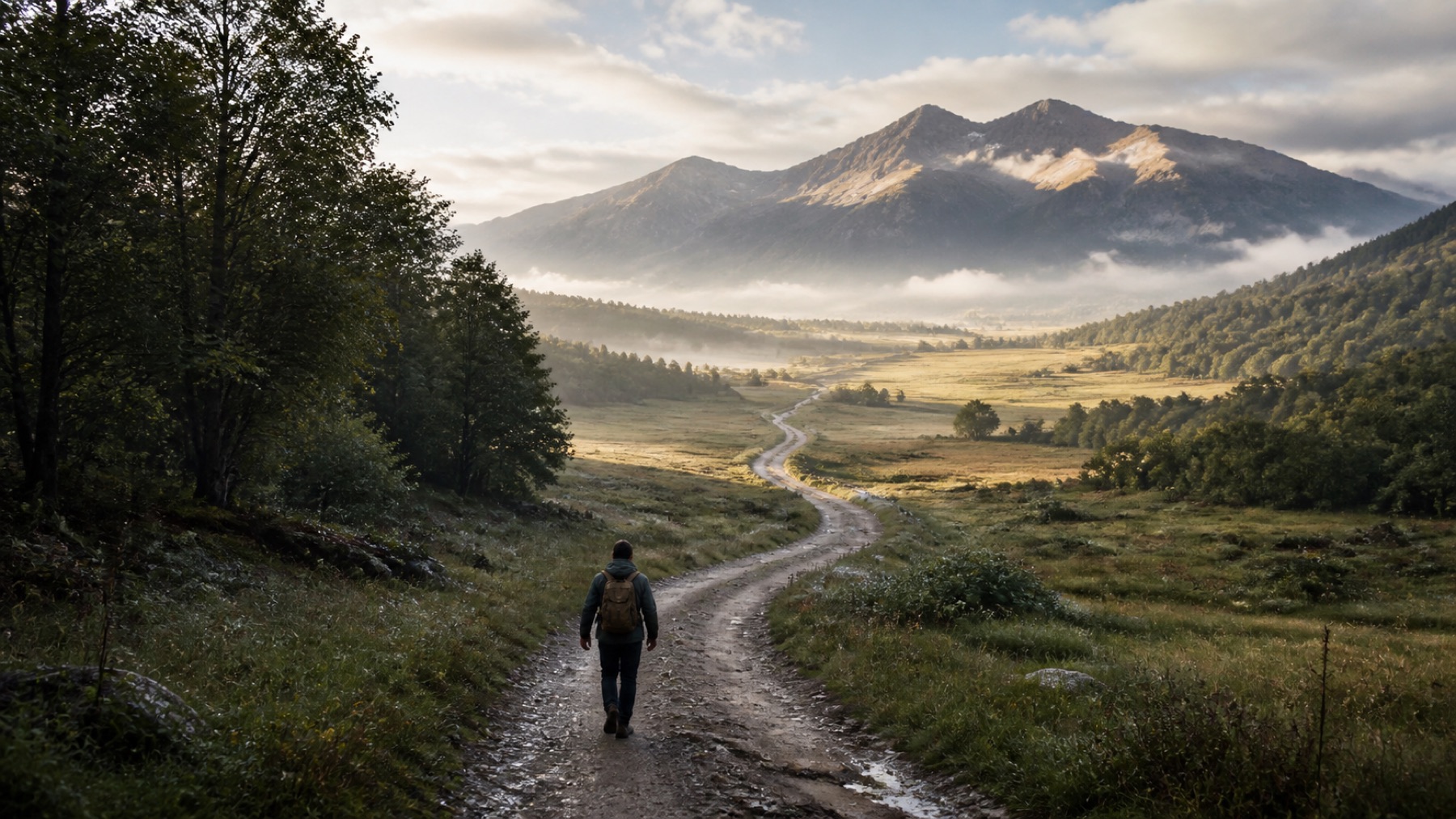 A walker on a winding path descending into a sunlit valley, mist lifting off the fields ahead