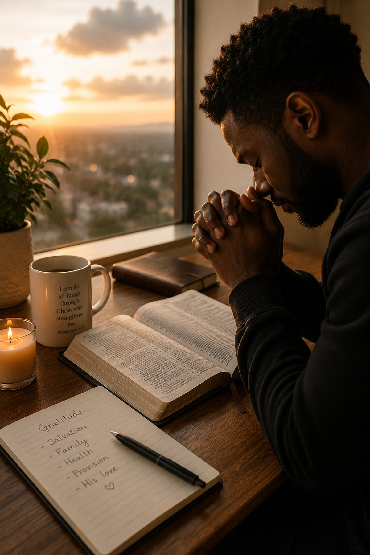 A man praying with folded hands at a desk by a window at sunset, an open Bible and a handwritten gratitude list before him