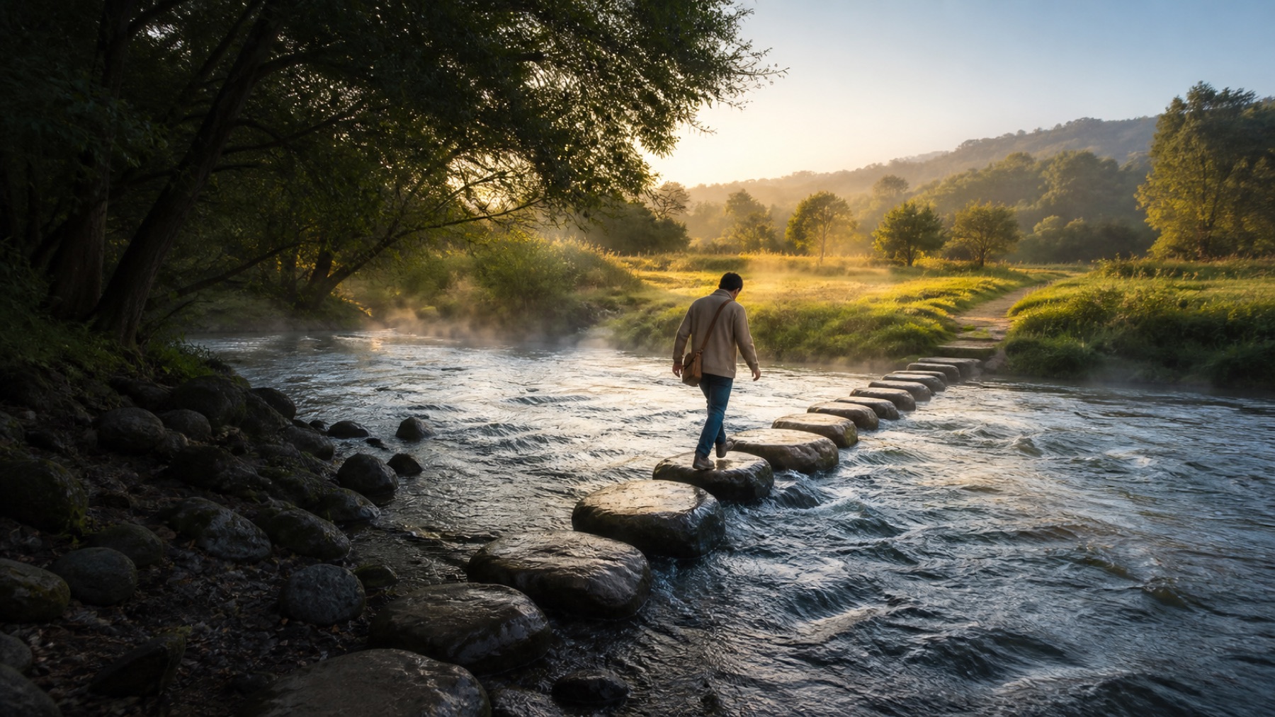 A man crossing a river on a long line of stepping stones at dawn, mist rising off the water toward a sunlit meadow