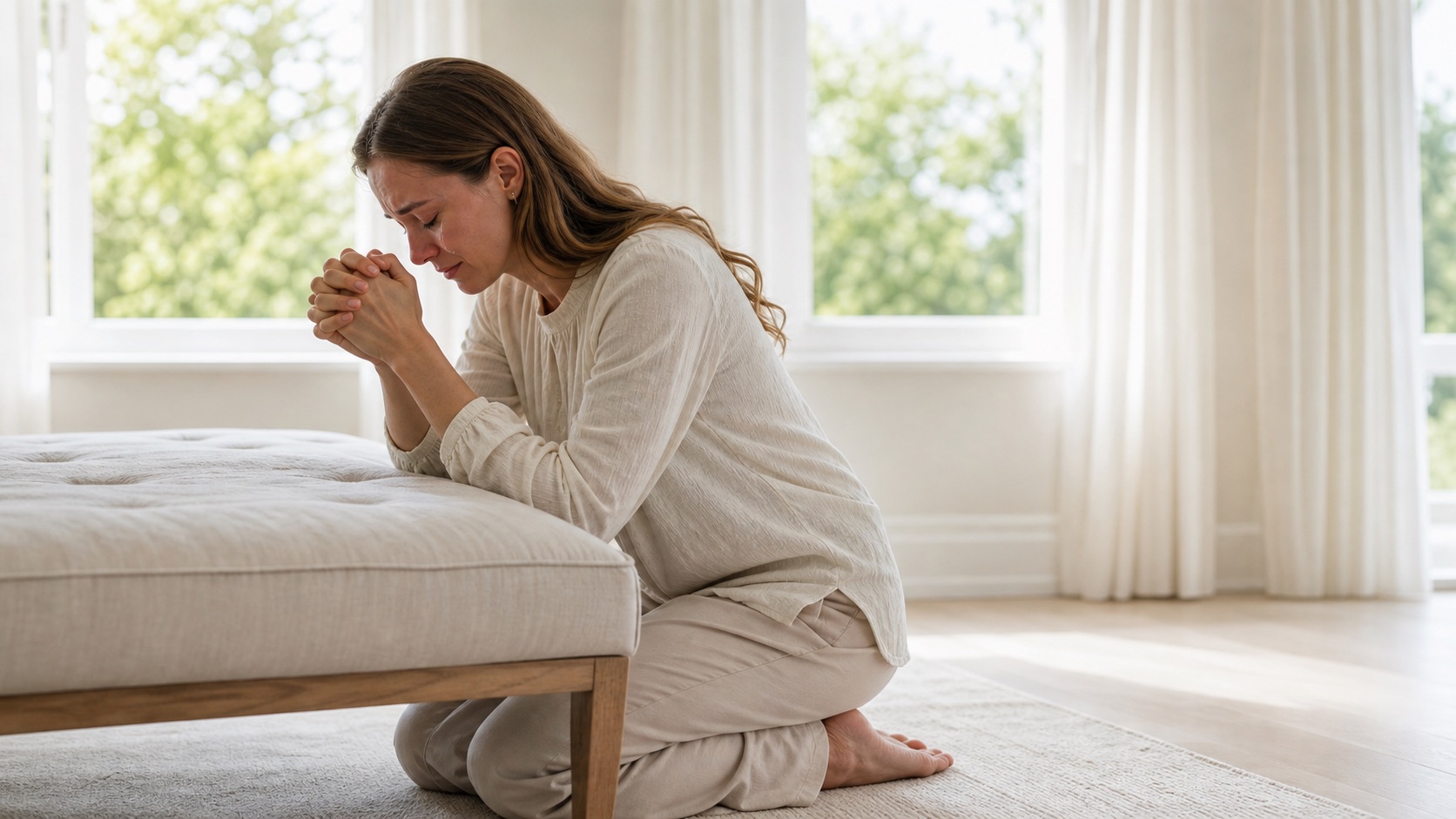 A woman kneeling in prayer at a bench in a bright, quiet room, hands clasped, morning light through sheer curtains