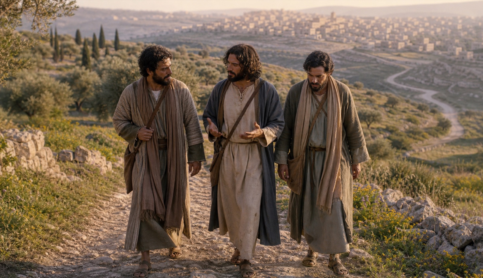 Two disciples walking a dusty road at golden hour, deep in conversation with a third traveller — the road to Emmaus