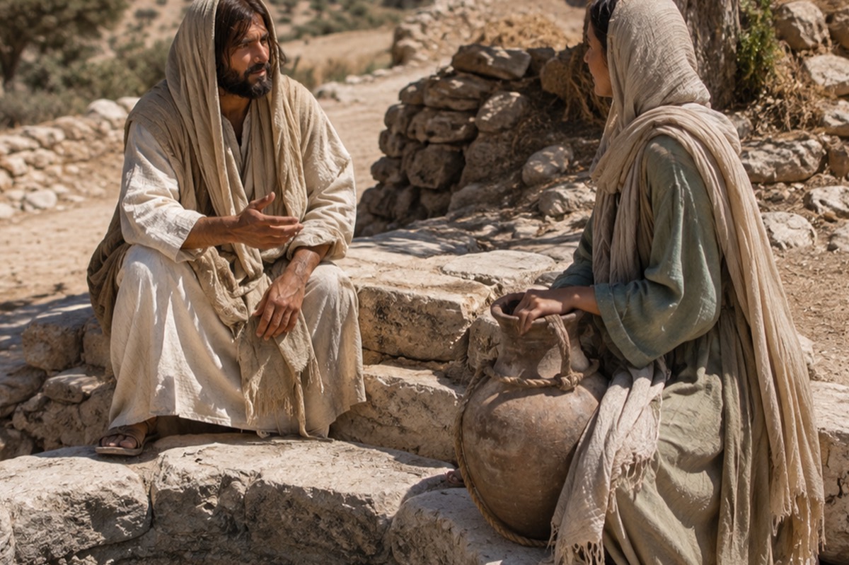 Jesus seated on the stone edge of a well, in unhurried conversation with a woman resting her arm on a clay water jar