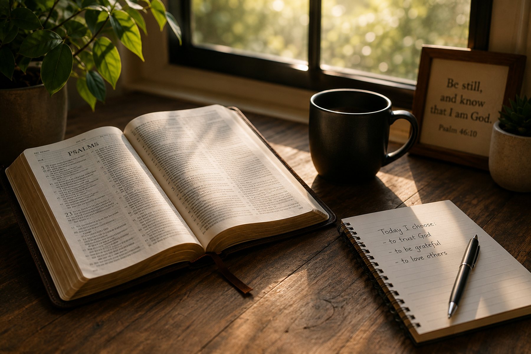 An open Bible at the Psalms on a wooden desk in warm morning light, beside a cup of coffee and a handwritten note